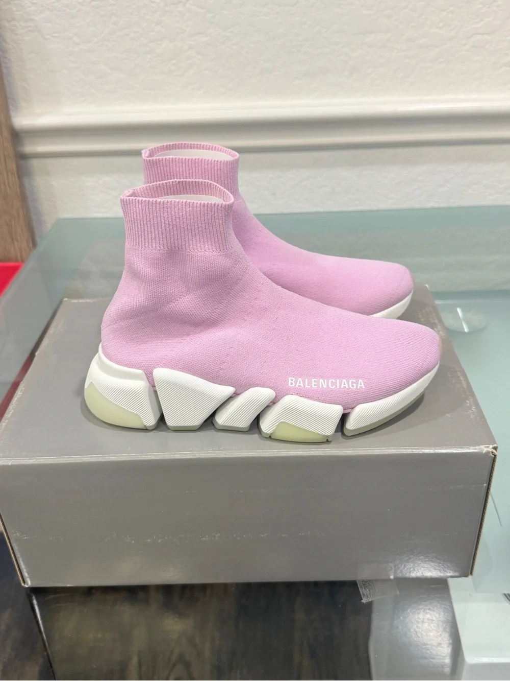 Balenciaga Pink Sock-Style Runner Sneakers with White Accents